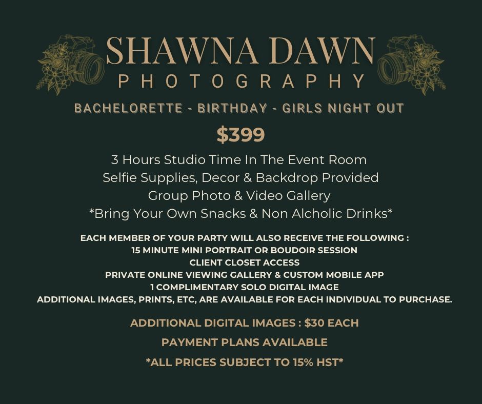 Shawna Dawn Photography bachelorette party and event photography pricing menu with package details.