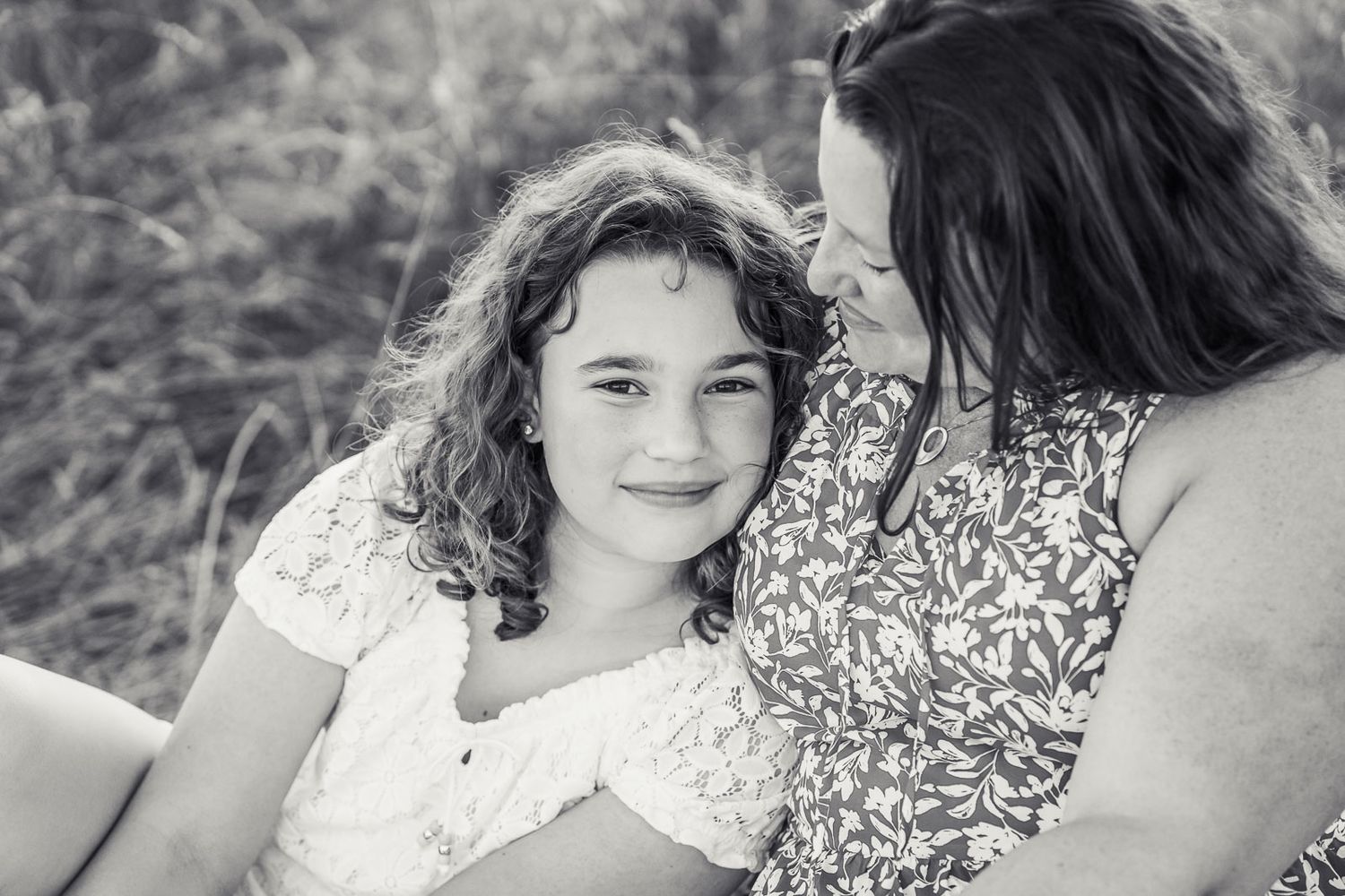 Black and white photo of mother looking at her daughter at Marymoor Park