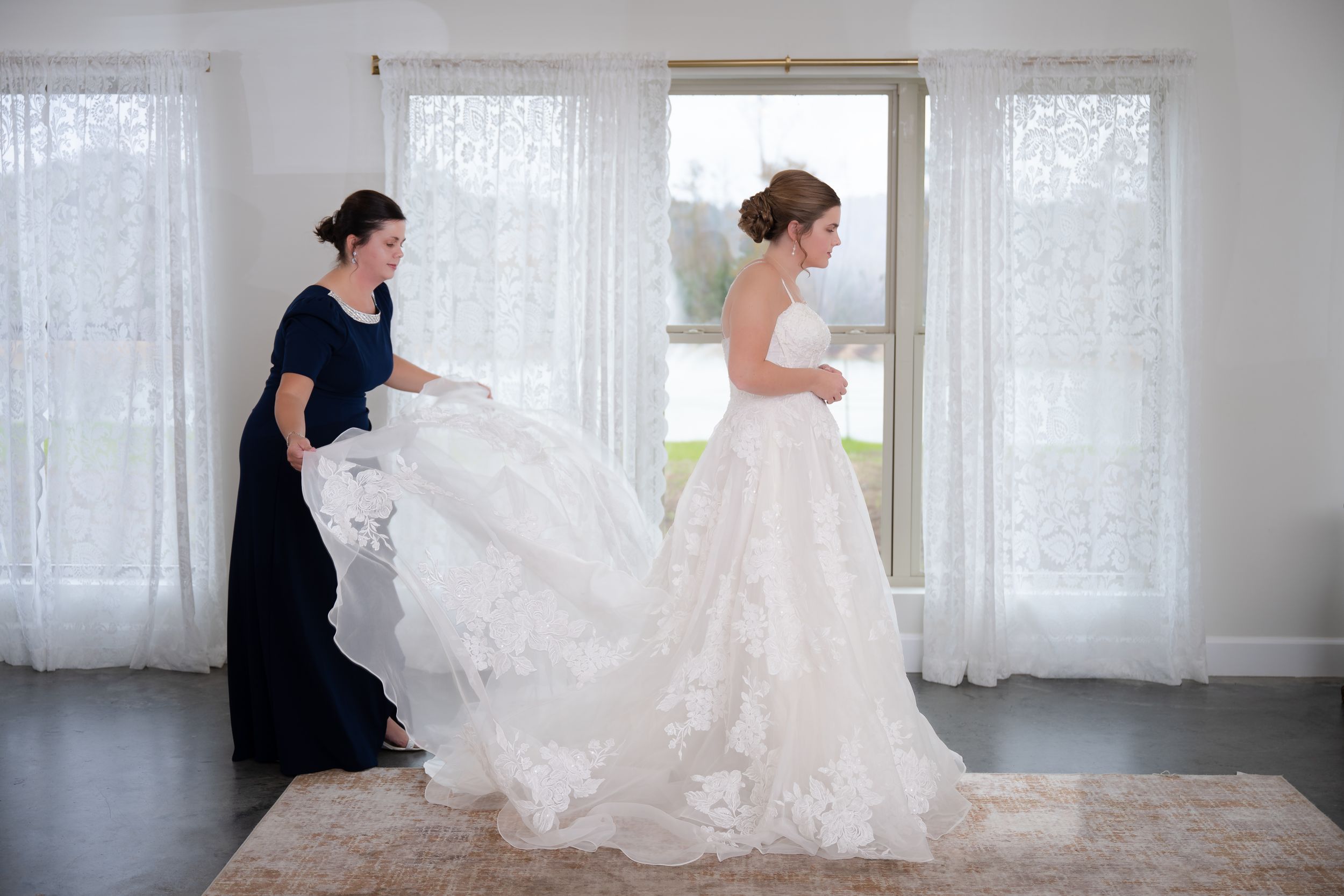 A series of romantic wedding photos showing a bride in a flowing white gown against light-filled windows.