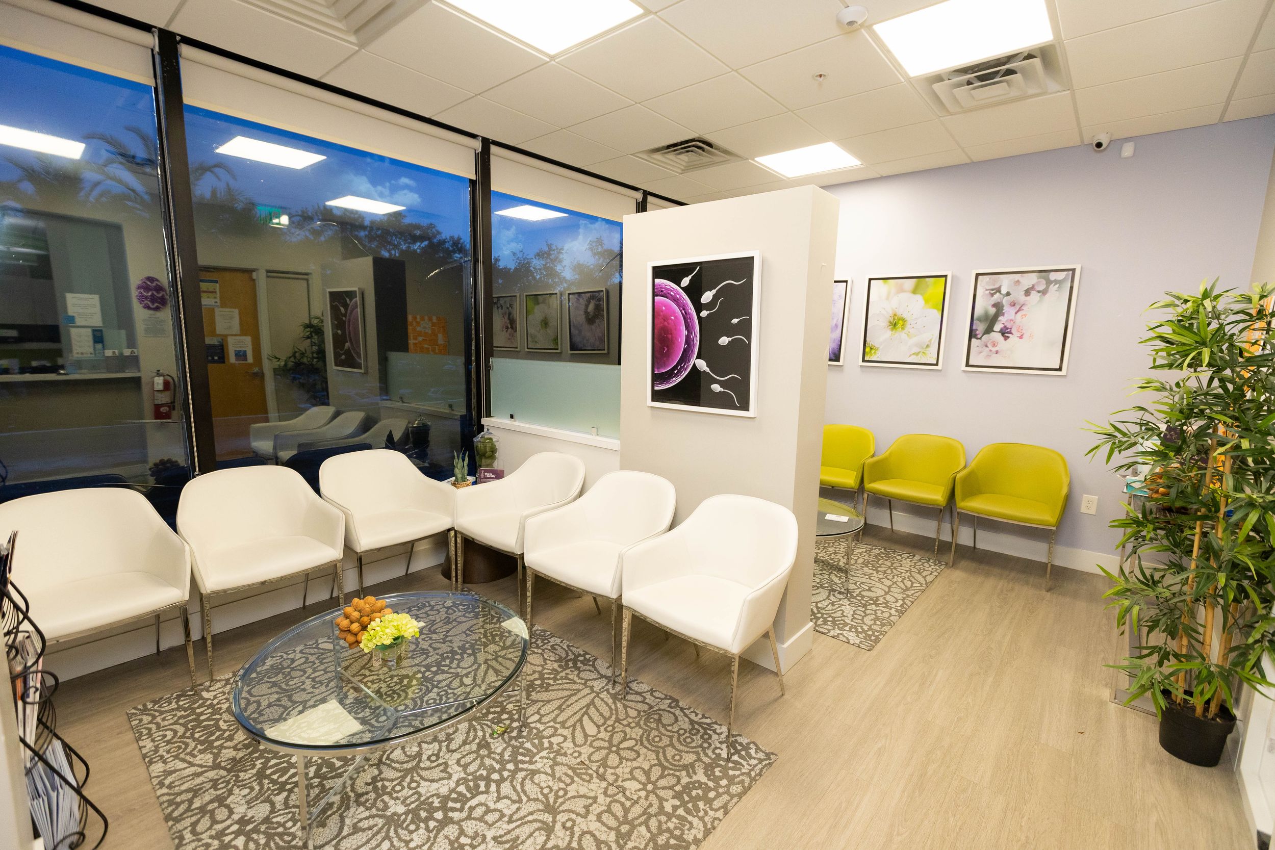 Modern medical waiting area with white curved seating and gray speckled flooring illuminated by fluorescent lighting.