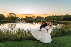 A series of sunset wedding photos shows a bride in a flowing dress against scenic lakeside and grassy landscapes.