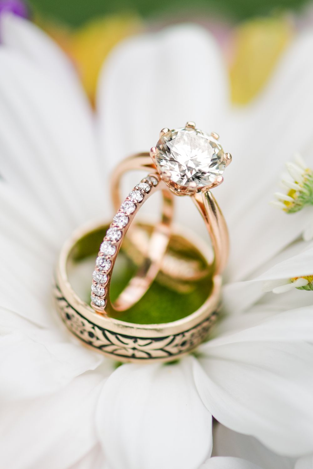 Close-up macro shots of a rose gold engagement ring with diamonds resting on white flower petals.