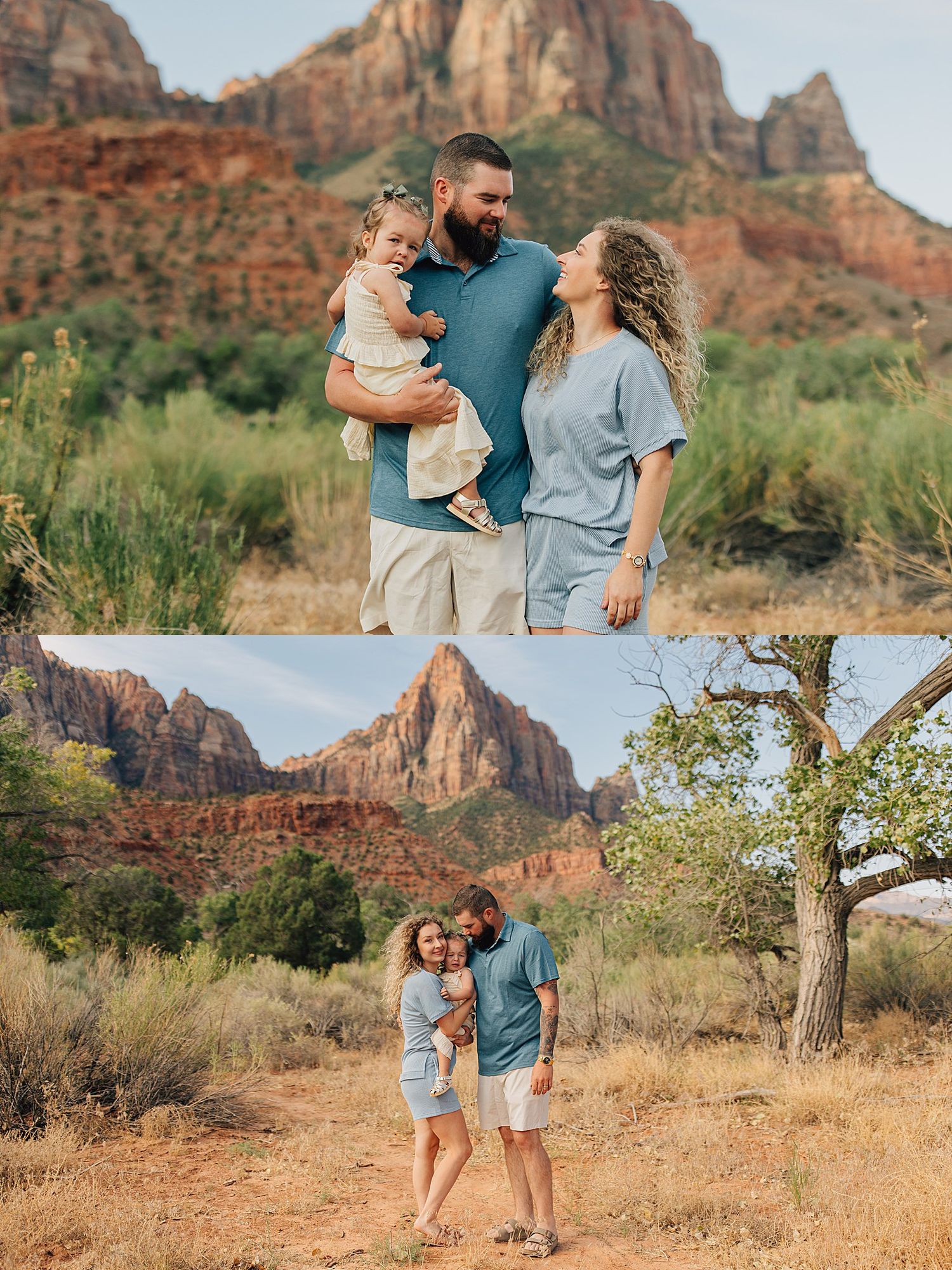 Couple with toddler sharing tender moment during Zion National Park family photo session.