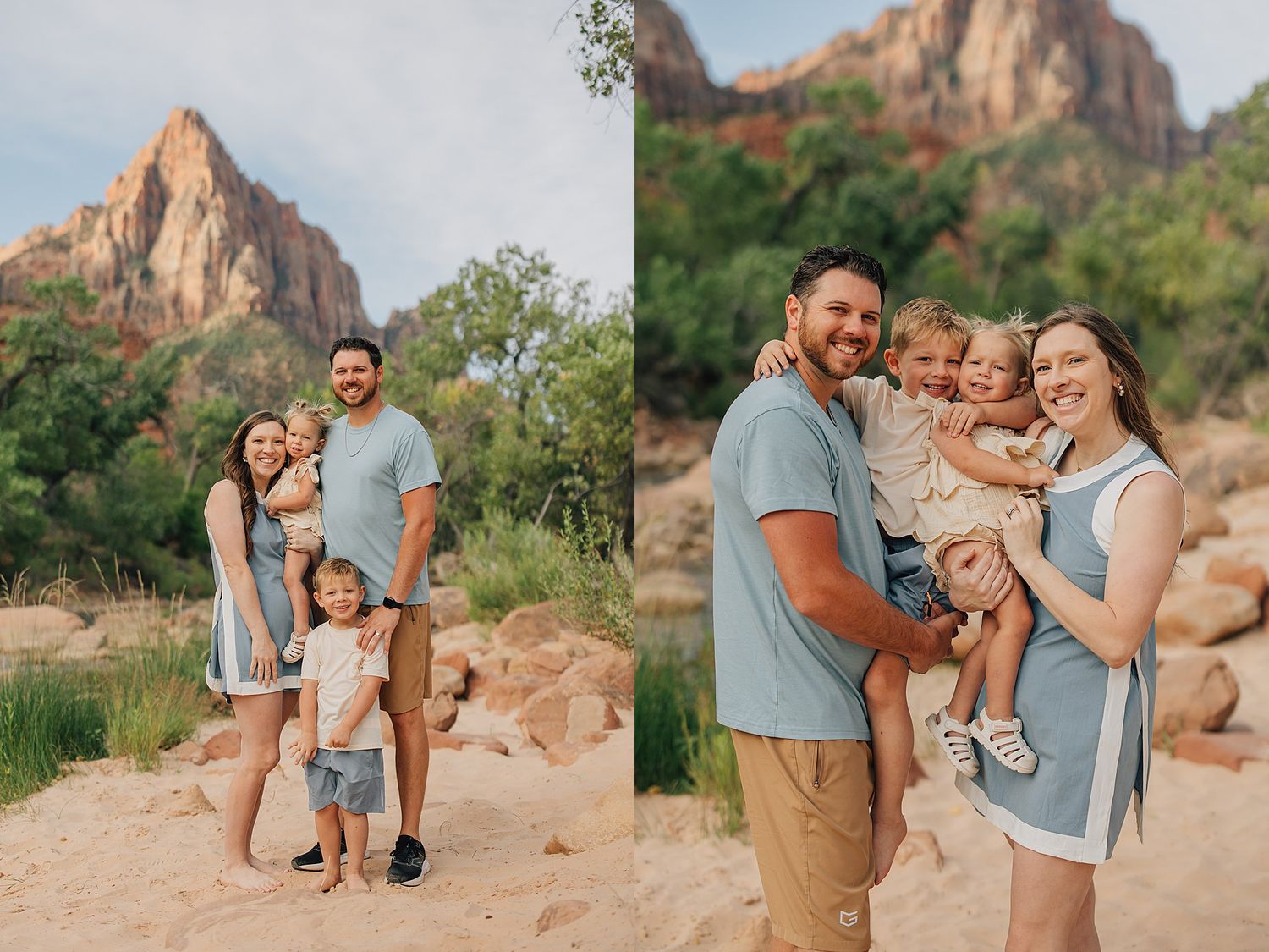 Happy family of four smiles together at Zion National Park, father holding baby while standing on sandy path with red cliffs.