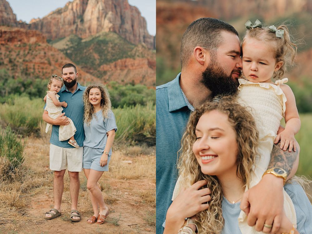 Family portrait session at Zion National Park with parents holding toddler daughter against red rock canyon backdrop.