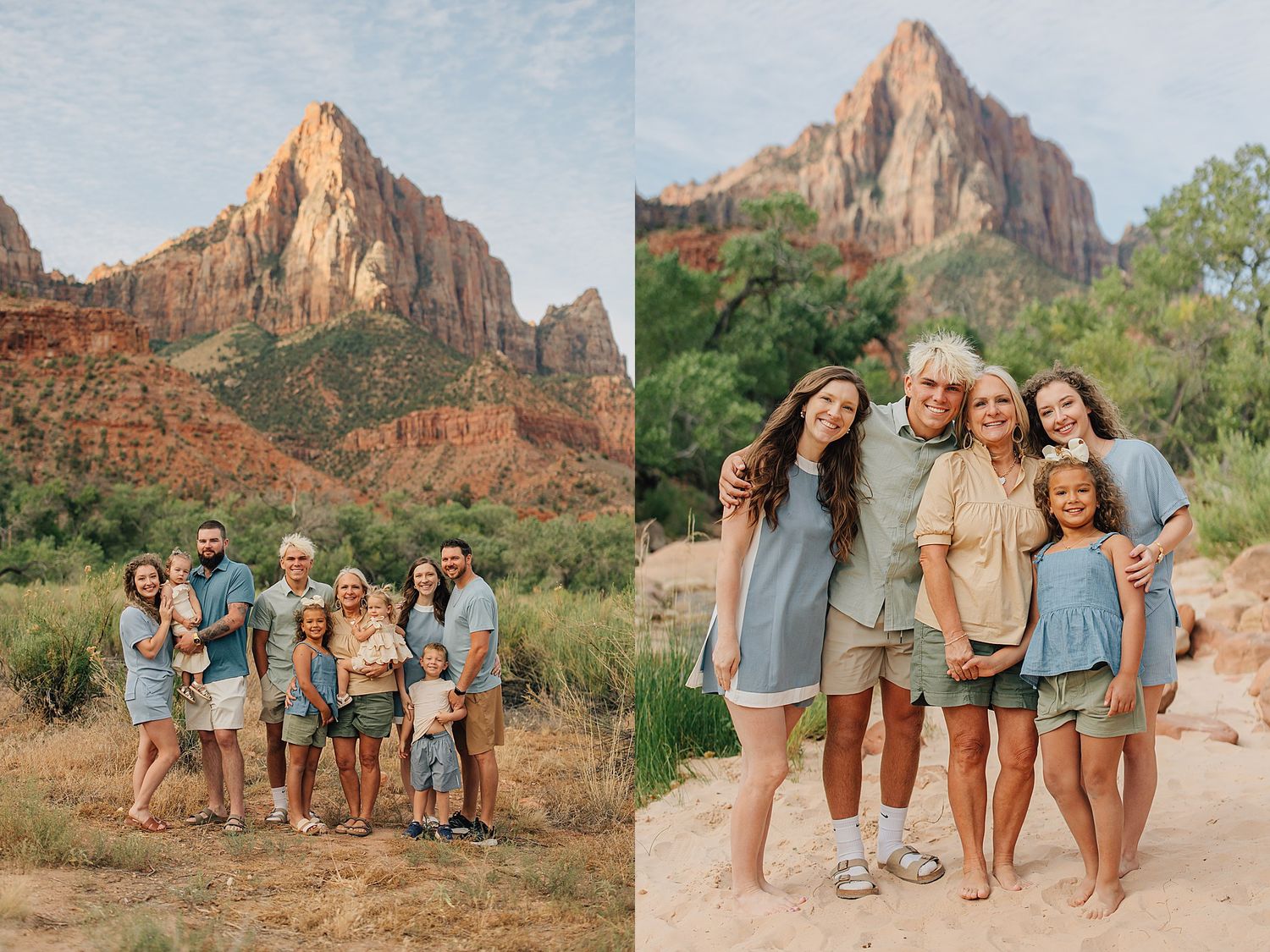 Family portrait session at Zion National Park with iconic Watchman mountain backdrop.