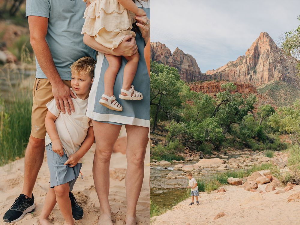 Family posing near a rocky stream at Zion National Park with red sandstone cliffs and lush green trees in the background.