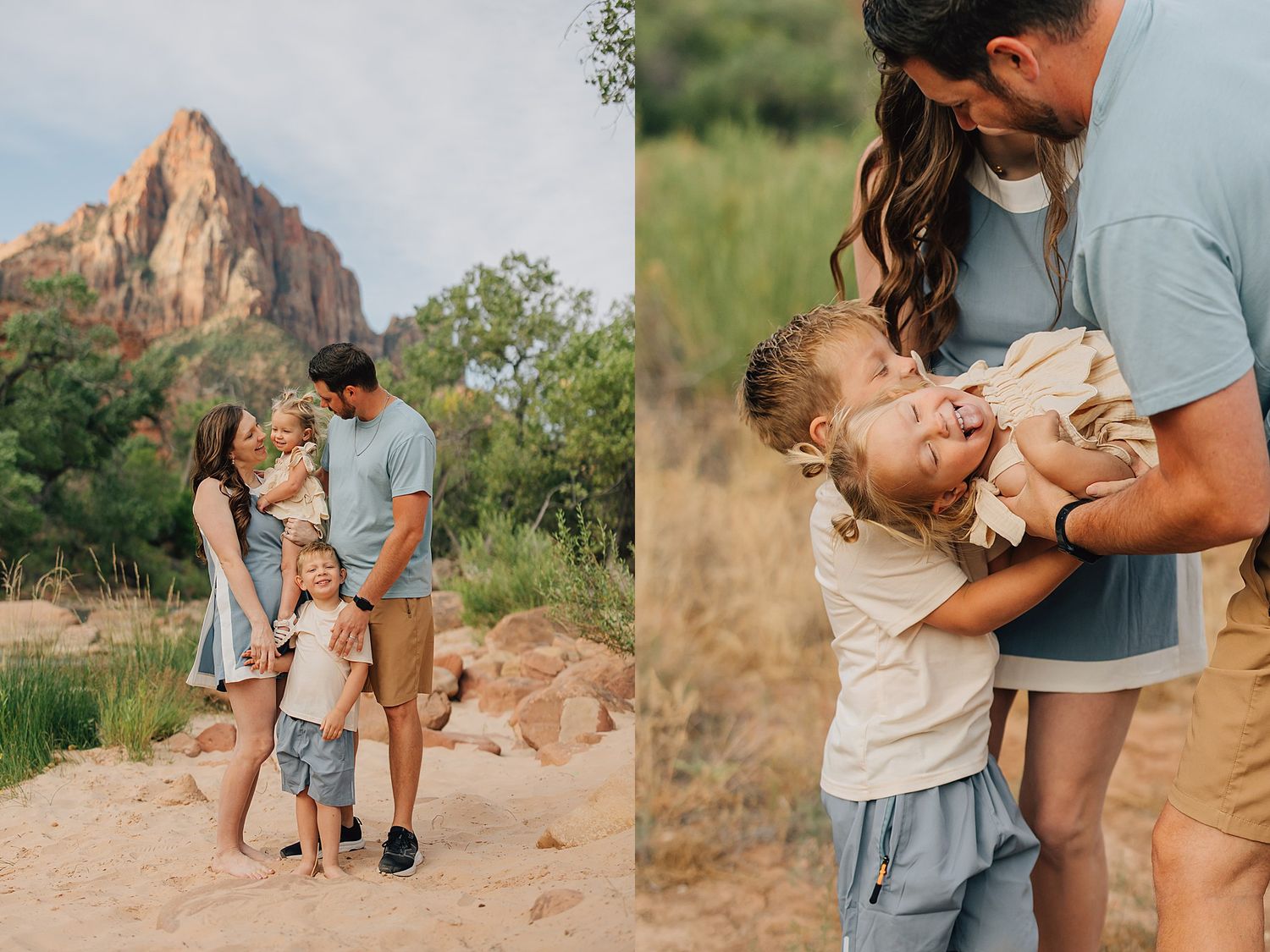 Family of four poses in Zion National Park with red rock formations, parents embracing toddler children in golden hour light.