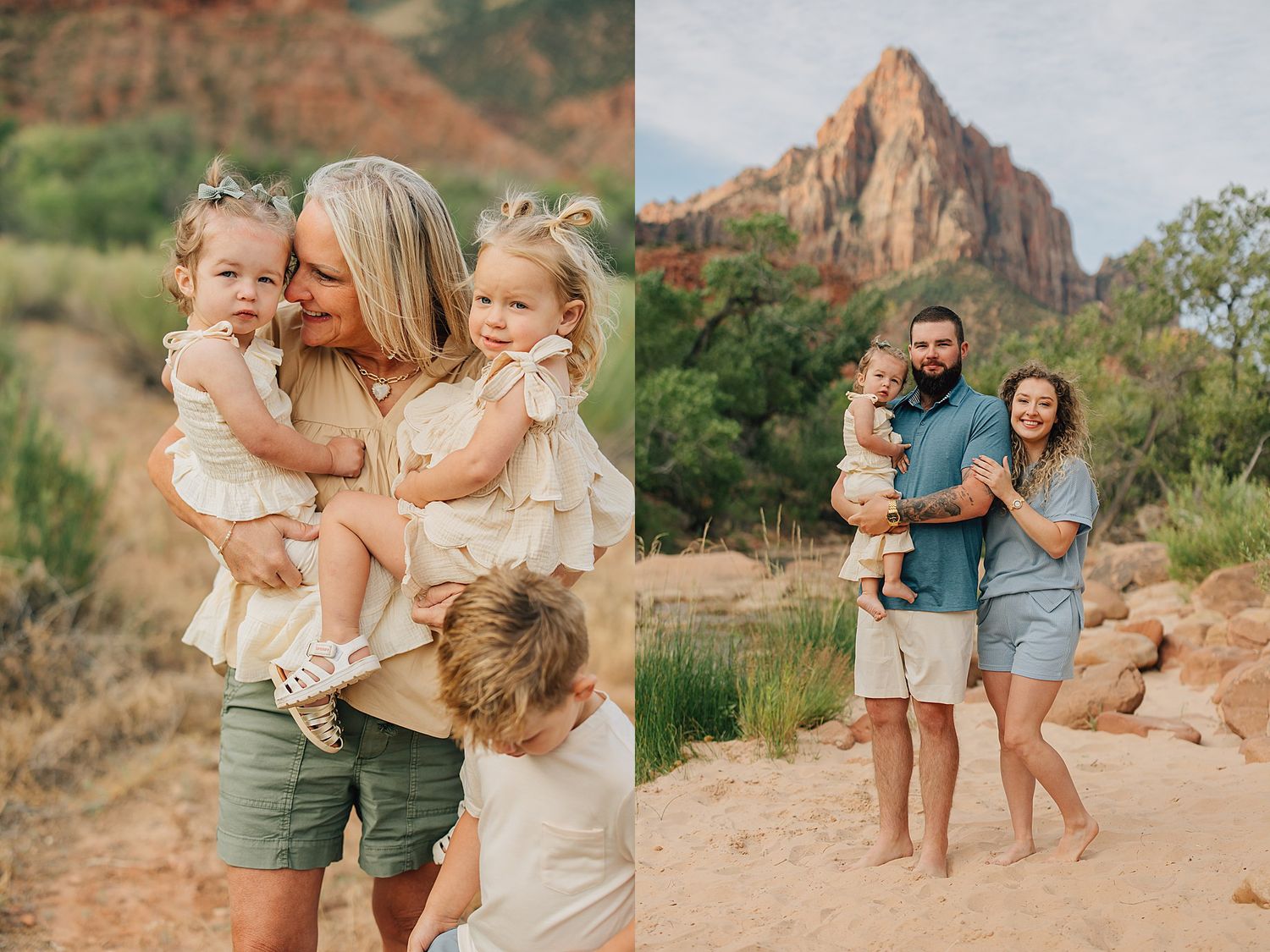 Family portrait session at Zion National Park with mother holding two toddler girls and father with baby outdoors.