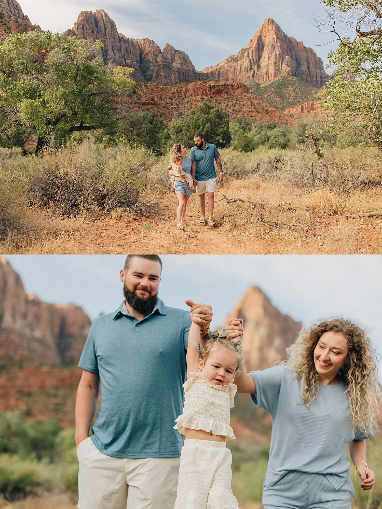 Young family hiking and playing at Zion National Park with scenic canyon views.