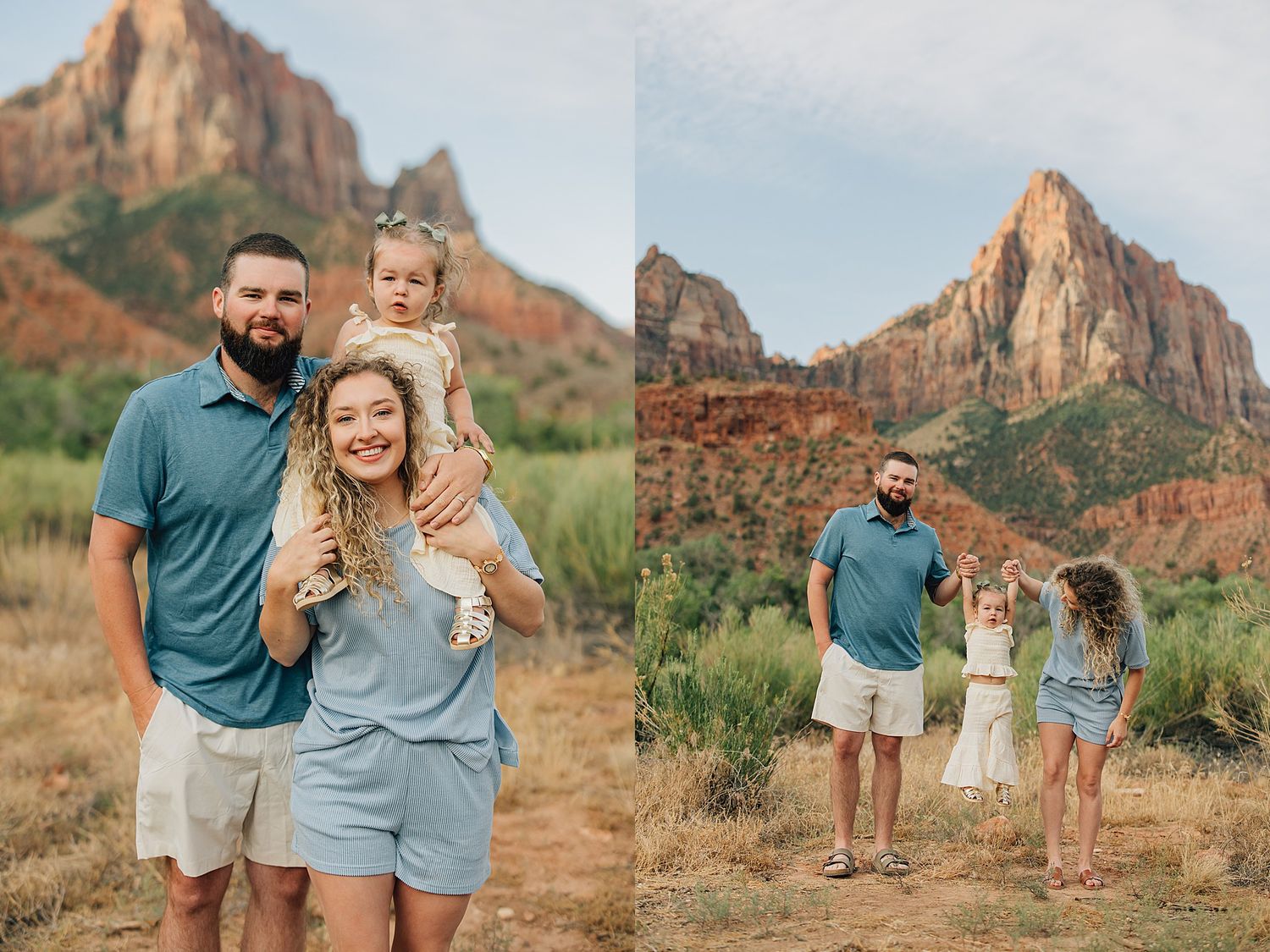 Family photo session at Zion National Park with red rock formations backdrop.