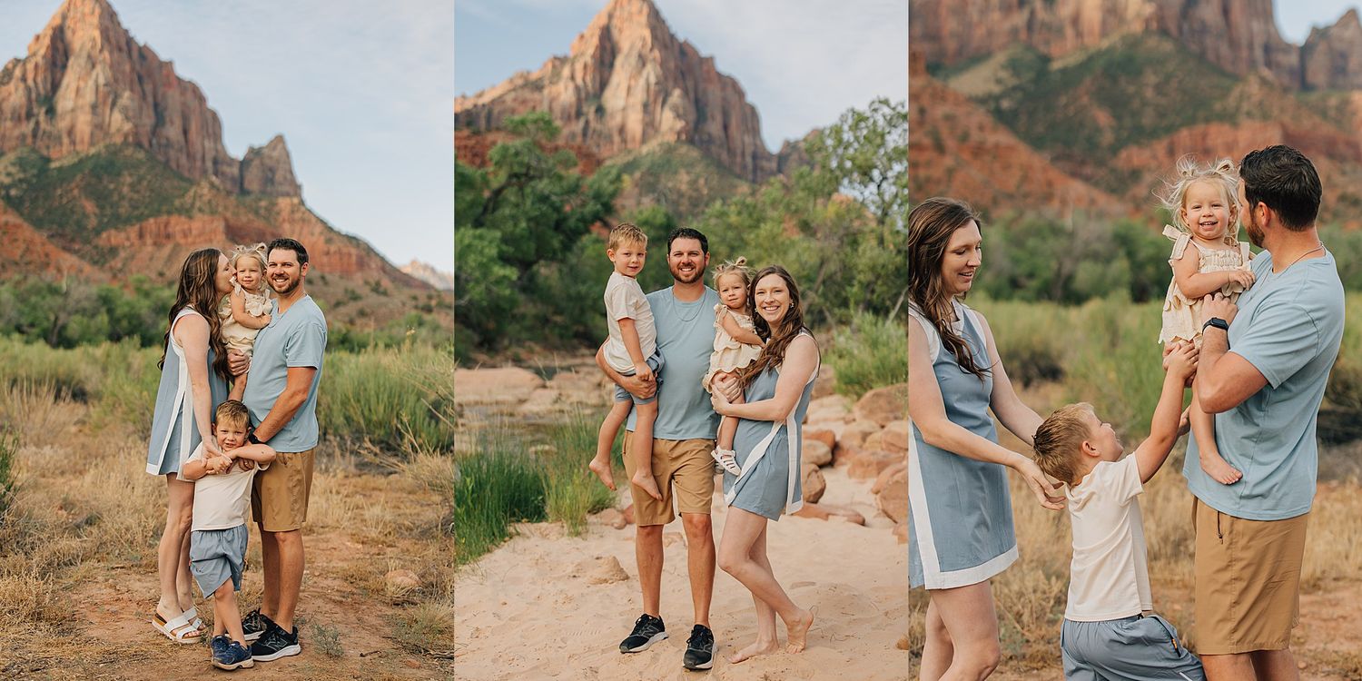 Young family with toddlers enjoying a sunny outdoor photo session at Zion National Park with iconic red rock formations.