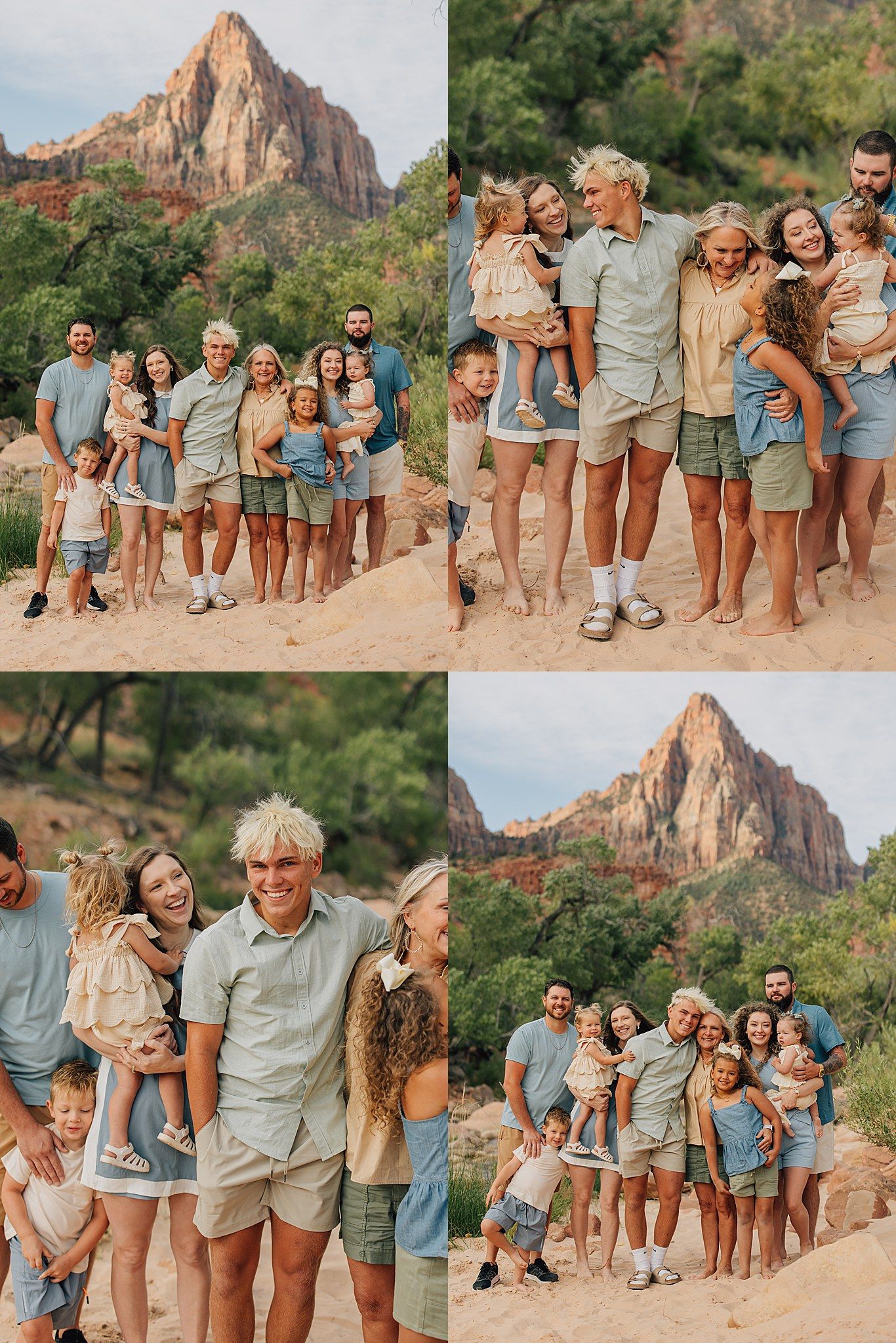 Large extended family group photos at Zion National Park featuring red sandstone cliffs and desert landscape.