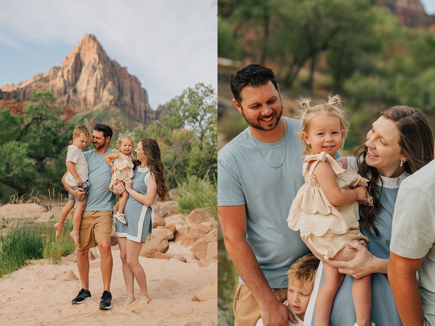 Young family of four poses in Zion National Park with red rock formations and lush greenery in background.