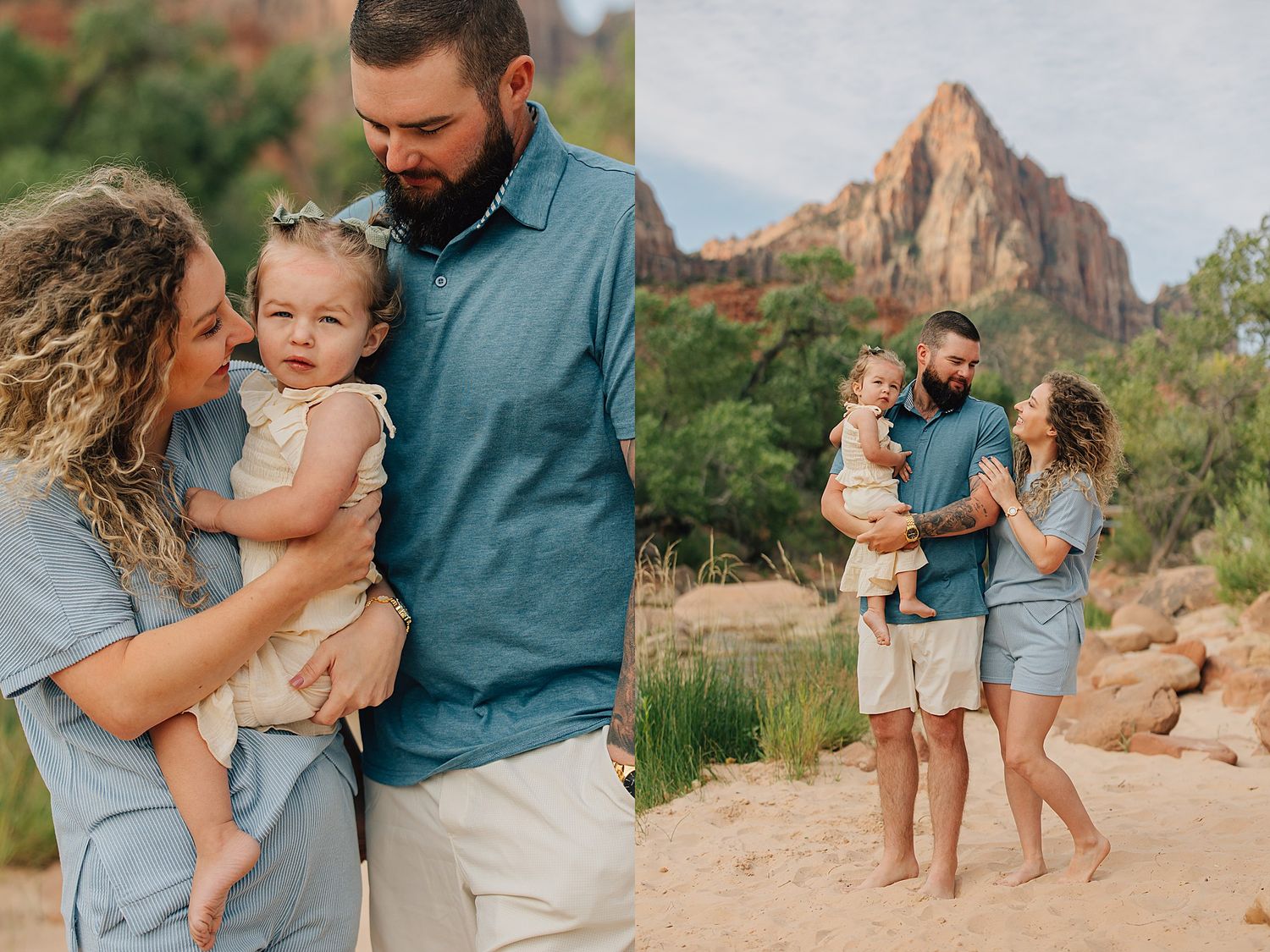 Family portrait session at Zion National Park with parents holding toddler daughter against red rock backdrop.