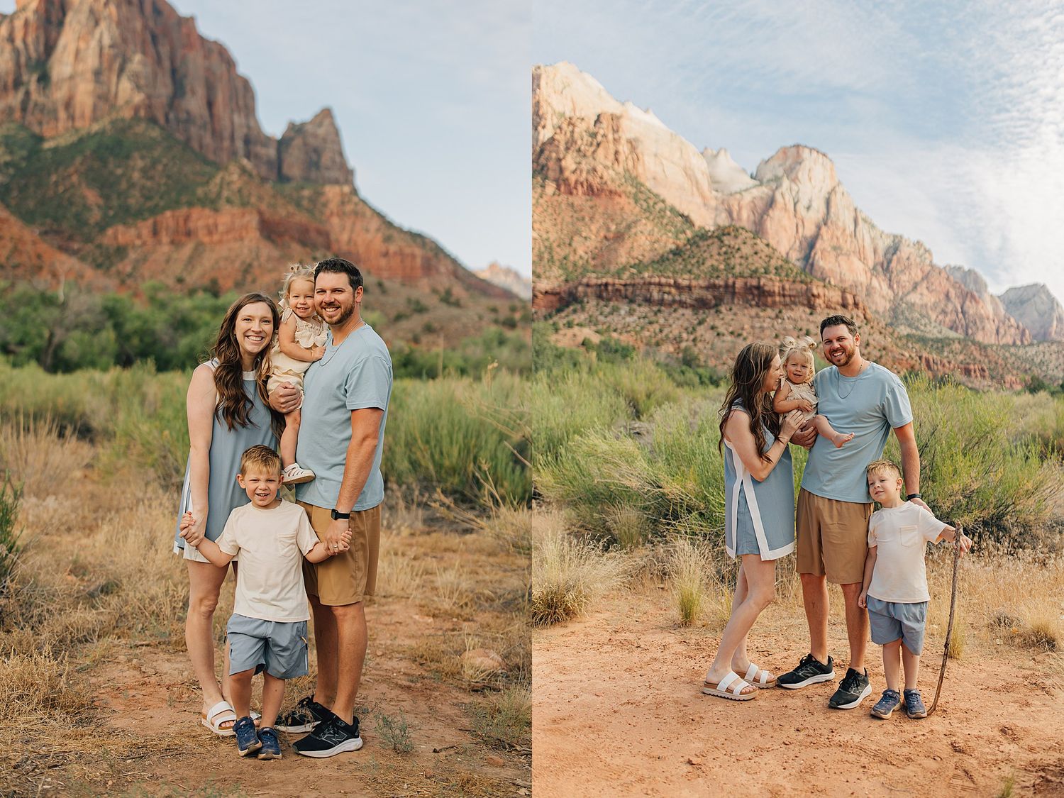 Family posing in front of stunning Zion National Park red rock mountains in Utah desert landscape.