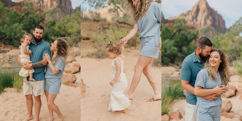 Young family with toddler enjoying a candid photo session at Zion National Park sandy terrain.