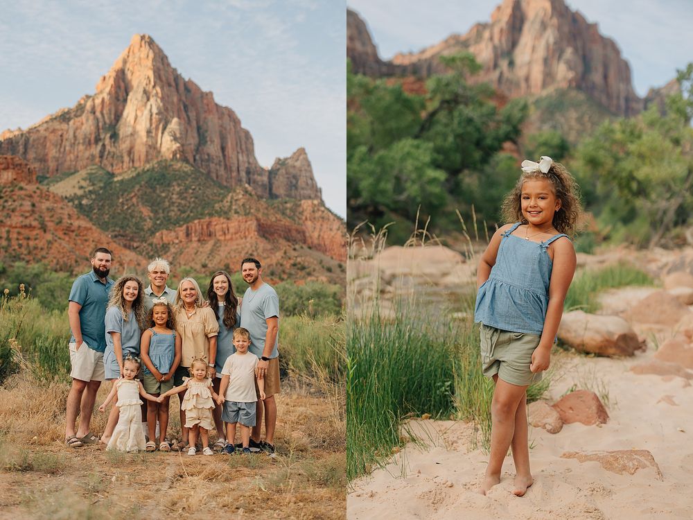 Family portrait with red rock mountains at Zion National Park, and a young girl posing on sandy trail nearby.
