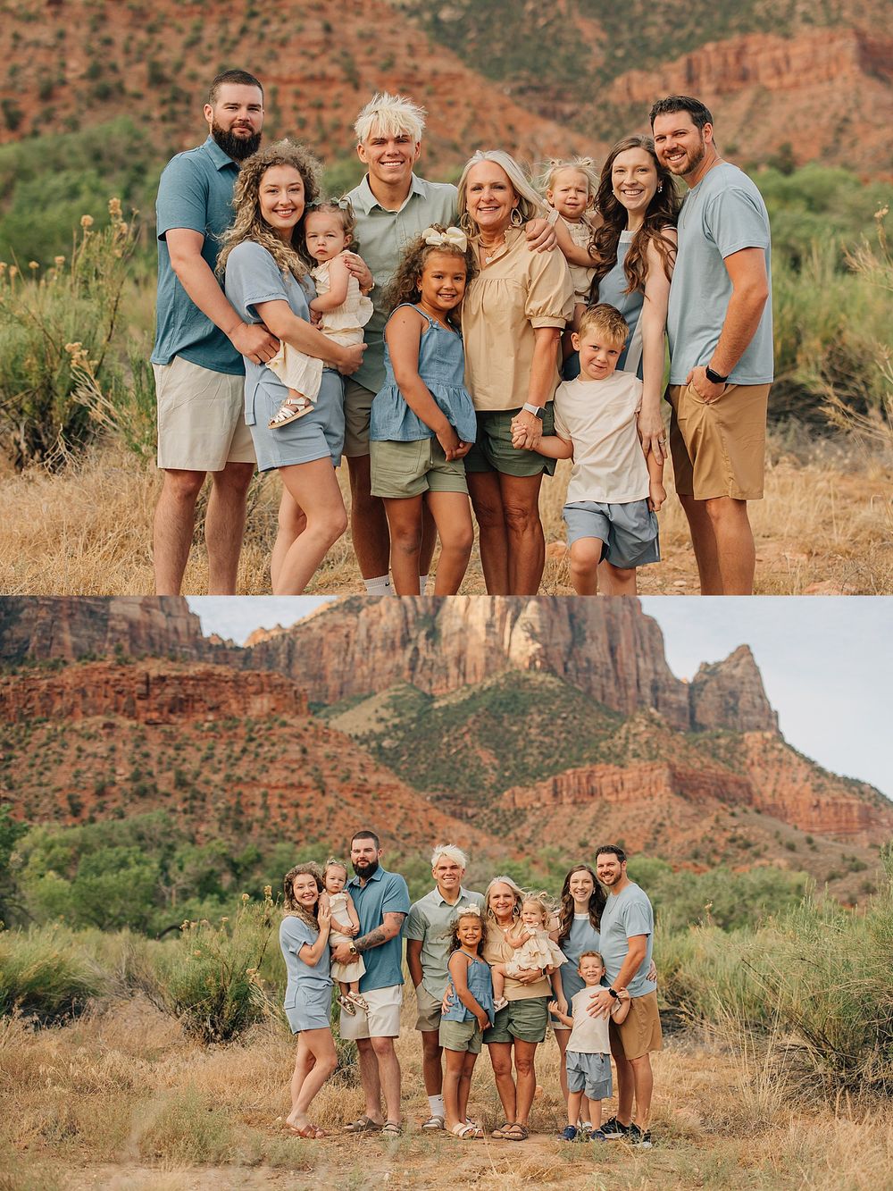 Extended family portrait session in Sedona Arizona red rock landscape with coordinated blue and tan outfits.
