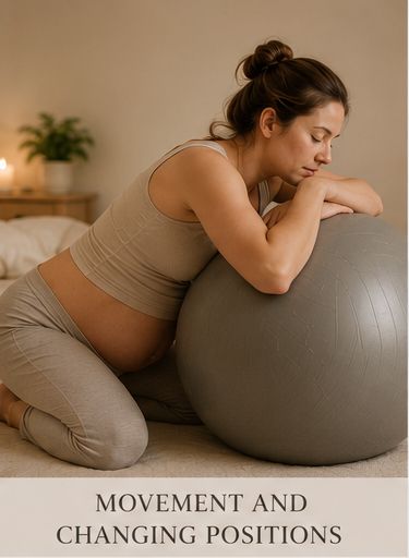 Pregnant woman leaning over a birth ball and changing position during labour