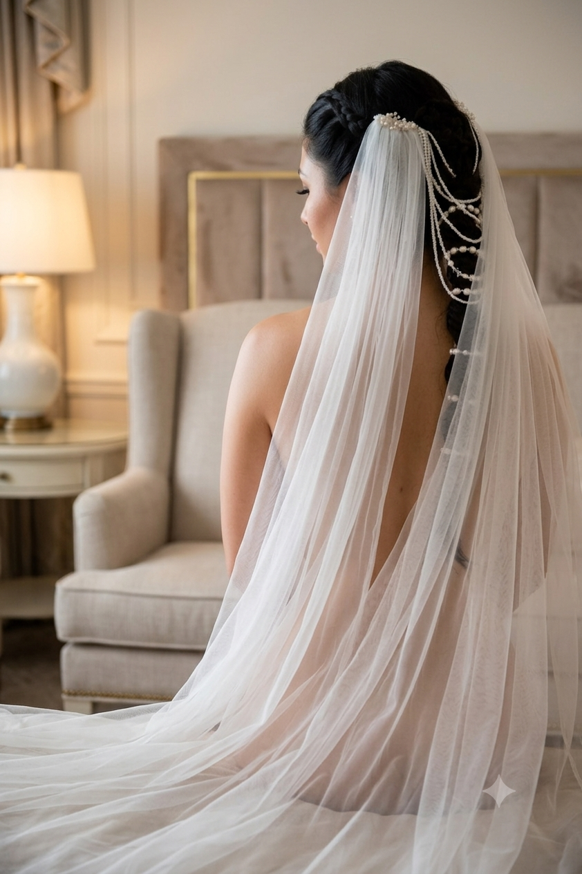 Bride wearing elegant lace wedding dress with pearl-adorned veil at outdoor beach ceremony.