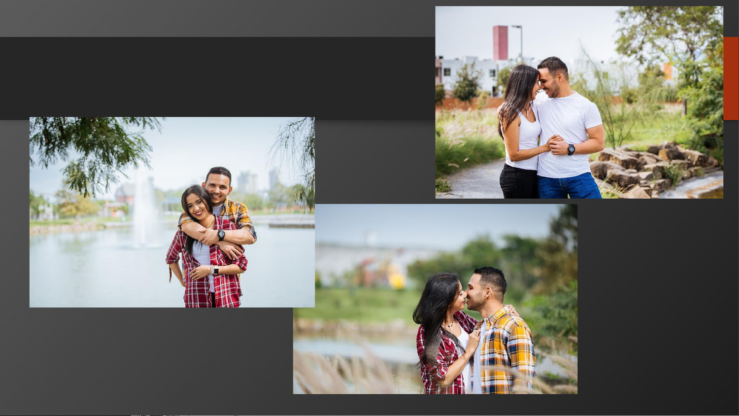 A happy family of three poses by a lake, a couple shares a romantic moment outdoors, and lovers nearly kiss in a park.