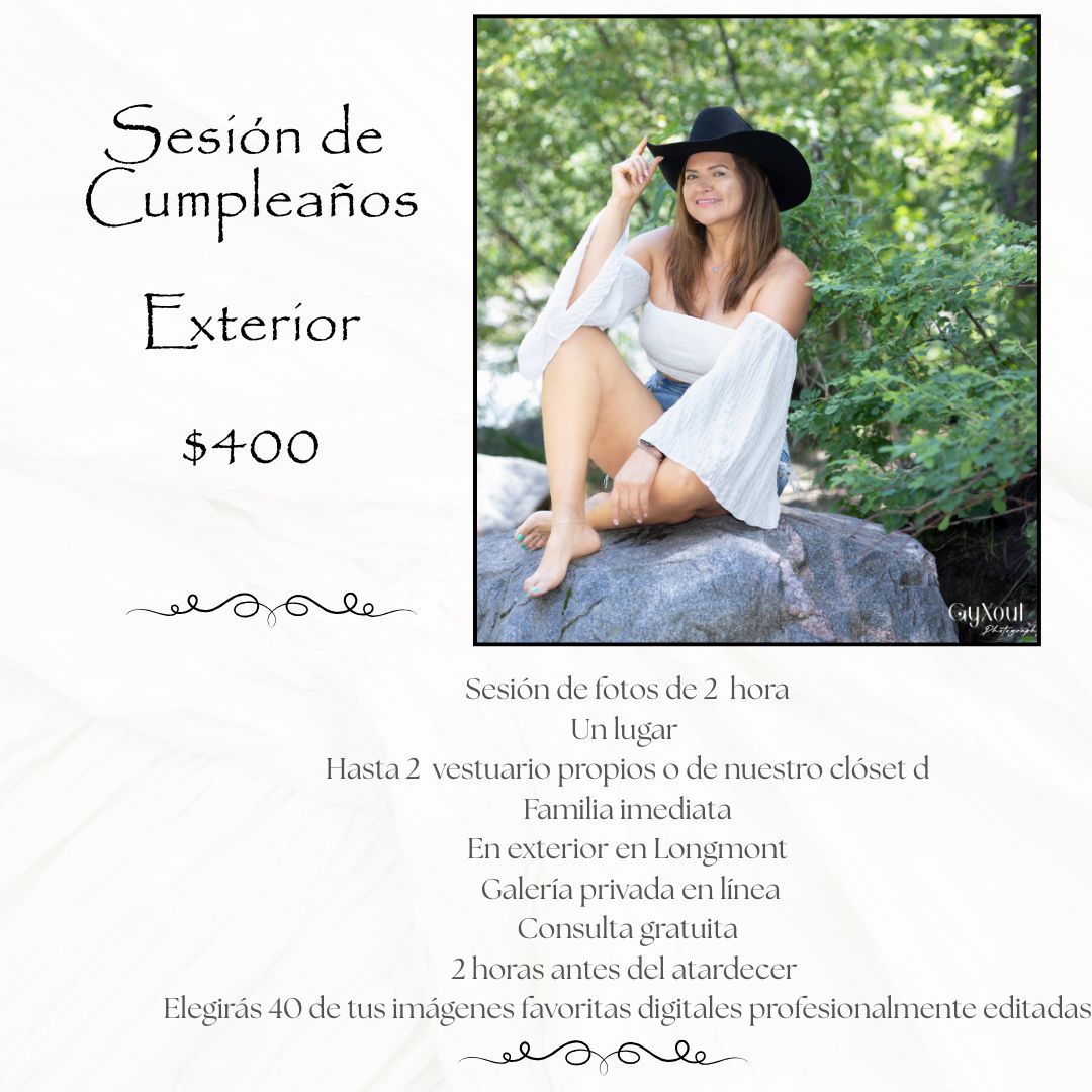 Spanish birthday photography session flyer showing a young woman in a white dress and black hat outdoors for $400.