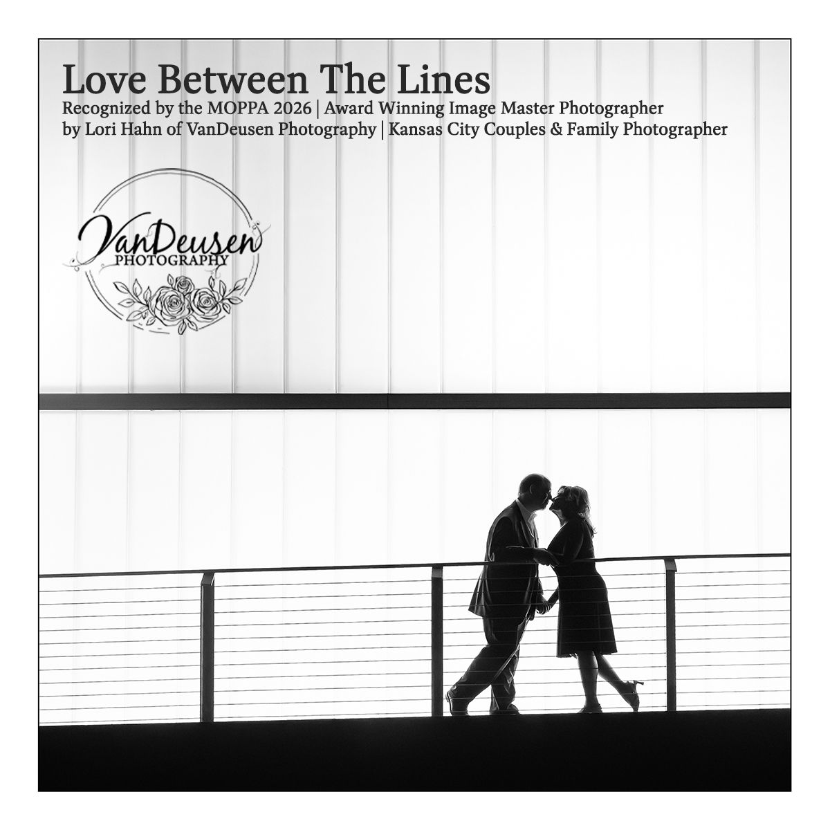 Silhouetted couple kissing on a bridge, black and white fine art photo by VanDeusen Photography, MOPPA 2026 award winner.