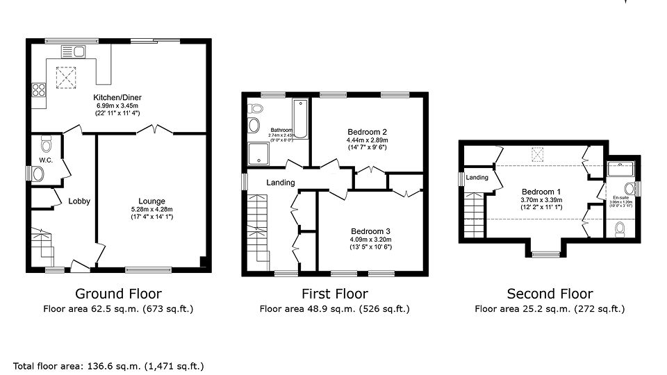 Detailed floor plan showing ground, first, and second floor layouts with room dimensions, total area 135.9 sq.m.