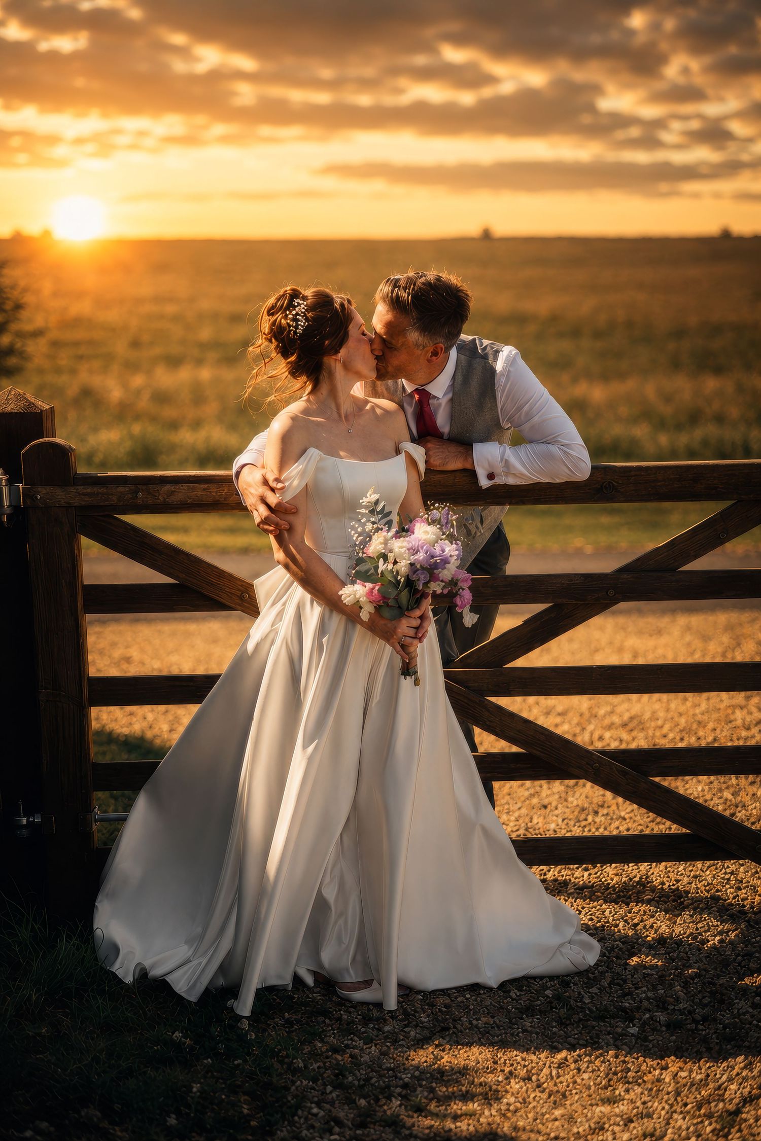 Bride and groom share a romantic sunset kiss by a rustic wooden gate in a golden field.