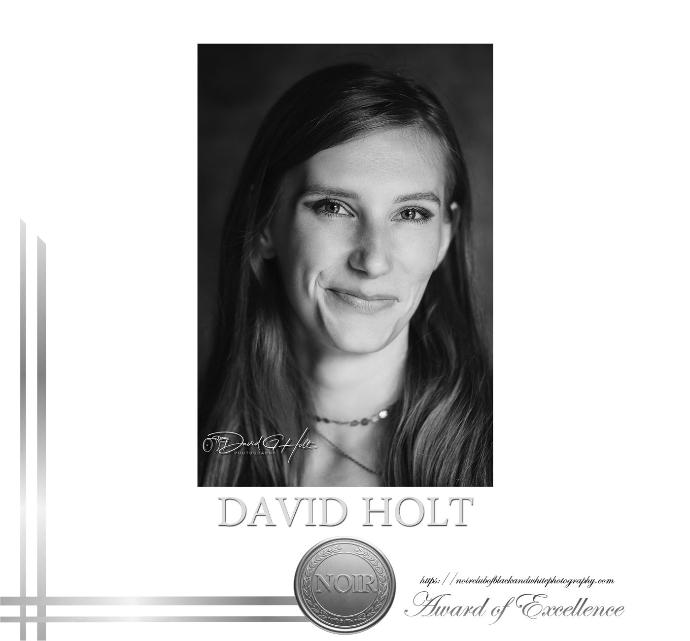 David G Holt Photography - Black and white professional headshot portraits arranged in a horizontal row with decorative frame elements.