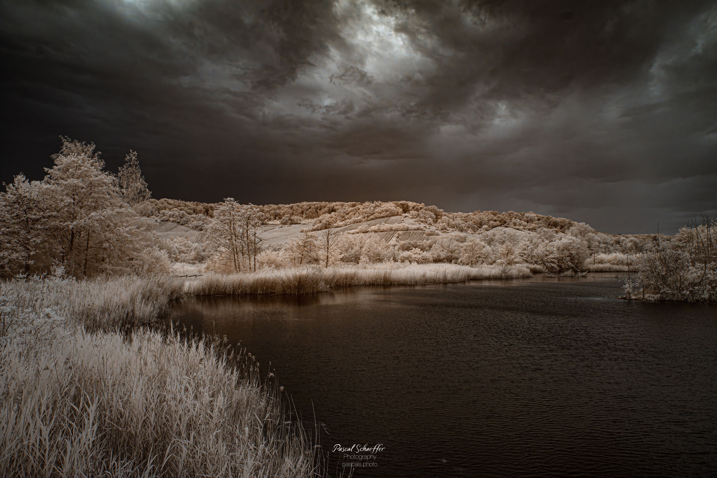 Infrared landscape photo featuring white trees, dark stormy sky, and a calm reflective river in a dramatic nature scene.