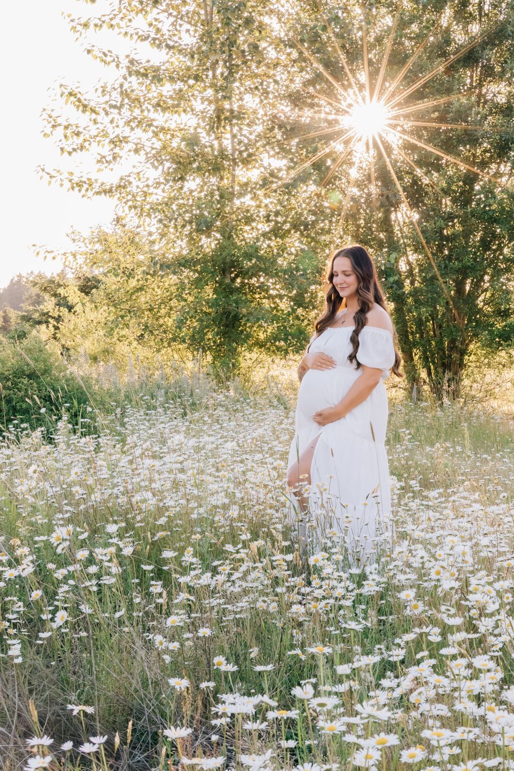 Pregnant woman in white dress standing in daisy field at golden hour sunset.