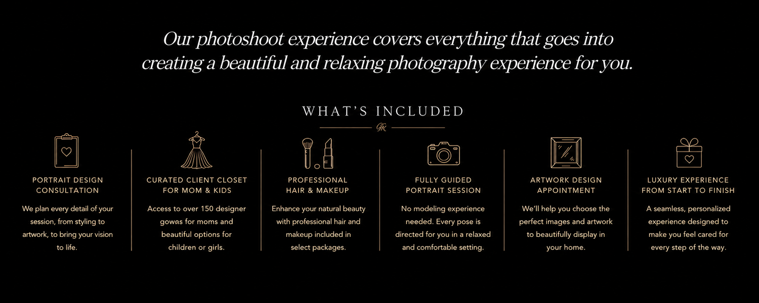 Gold icon infographic showing what is included in a professional photoshoot experience package with luxury photography services.