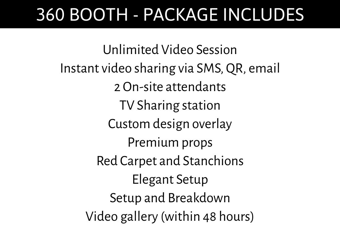 Photo booth package includes unlimited prints, GIFs, boomerangs, custom design, pro camera, backdrop choice, props, and gallery photos.