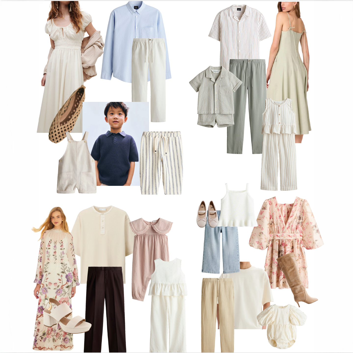 Collage of stylish family outfits in neutral tones featuring linen separates, floral dresses, and casual coordinates for all ages.