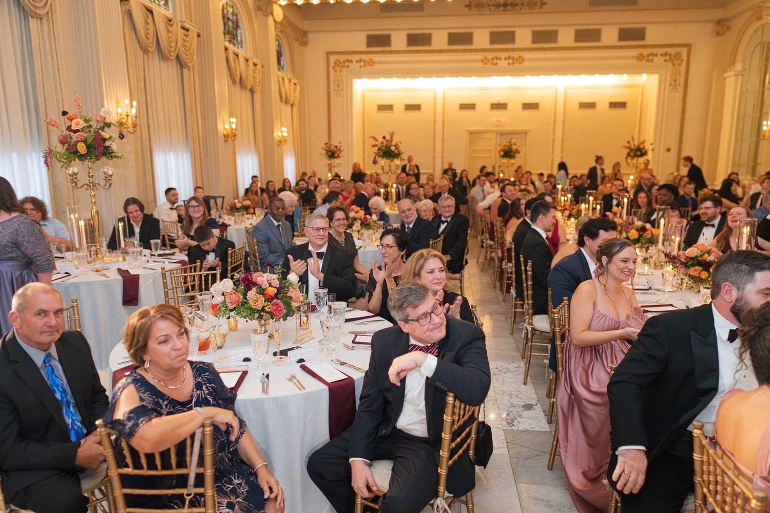 Elegant wedding reception in a grand ballroom at The Westin Great Southern Columbus Wedding Venue with guests