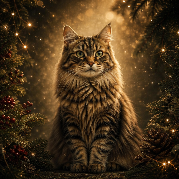 A majestic long-haired tabby cat sits among Christmas trees with glowing lights and pine cones in a golden bokeh background.