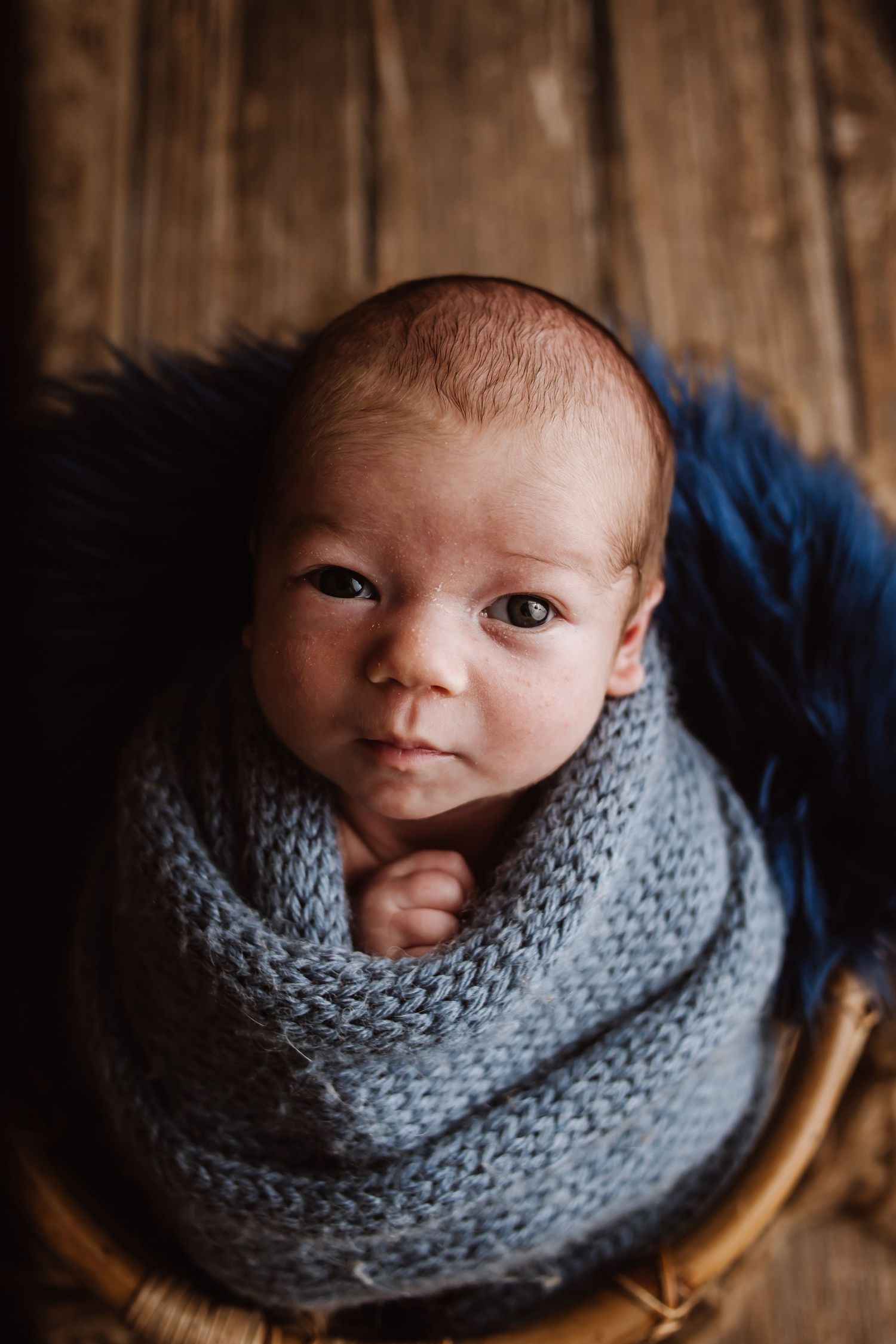 Newborn baby swaddled in a blue knit wrap, sitting in a wicker basket with blue fur, gazing upward.