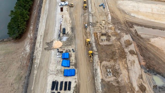 Raeford NC Aerial construction progress photo showing equipment and active site development