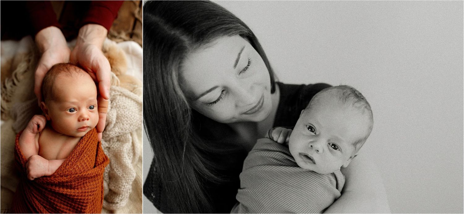 Newborn baby wrapped in orange swaddle, and black-and-white photo of mother lovingly holding her newborn baby.