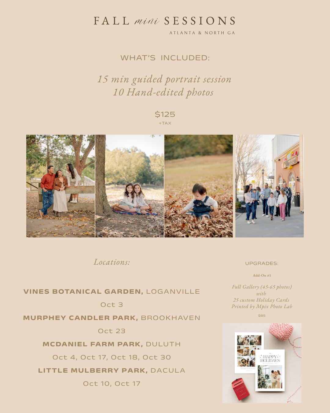 Fall mini portrait sessions flyer featuring families posing outdoors at botanical gardens and parks in Atlanta, Georgia.