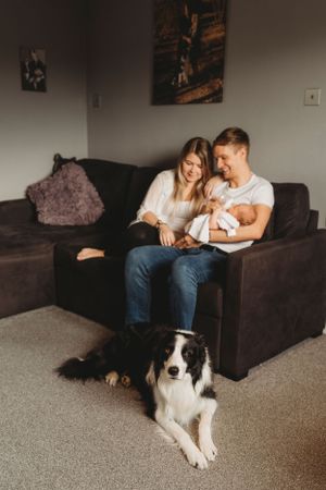 A Border Collie rests on carpet while a couple sits with their baby on a brown sectional sofa.