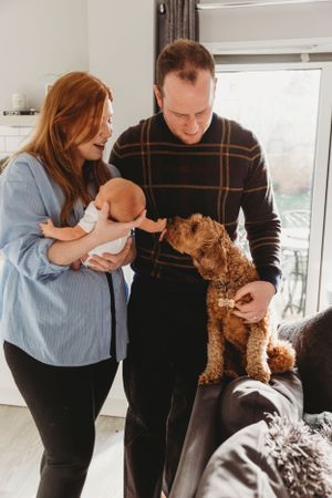 A couple with their baby and Welsh Terrier dog share a tender moment in their bright modern home.