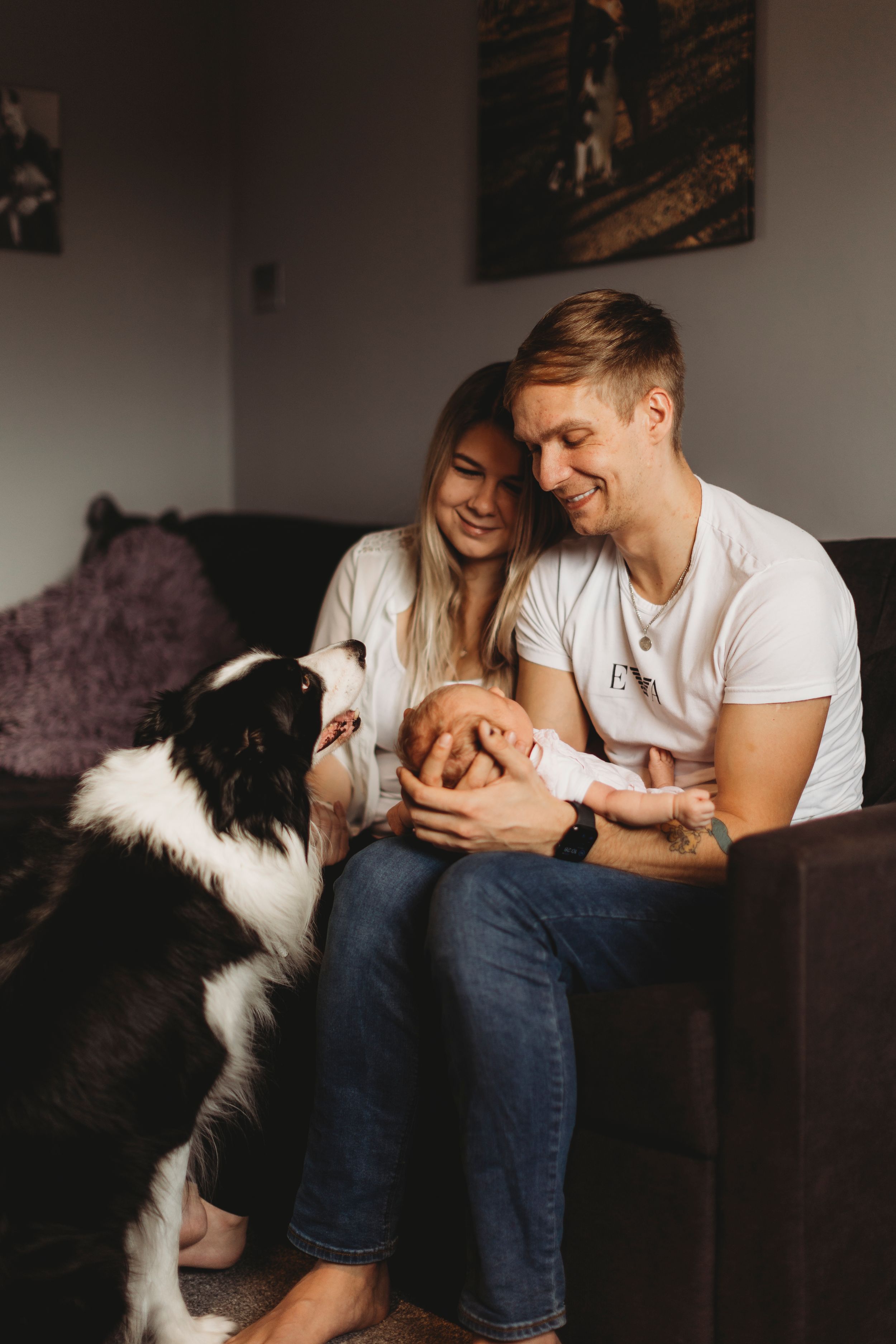 A couple sits on a couch with their newborn baby while a black and white Border Collie looks on lovingly.
