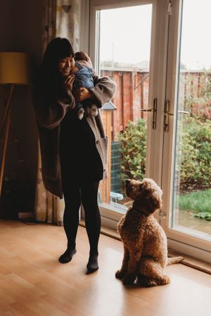 A goldendoodle sits patiently by glass doors while watching activities inside the house.
