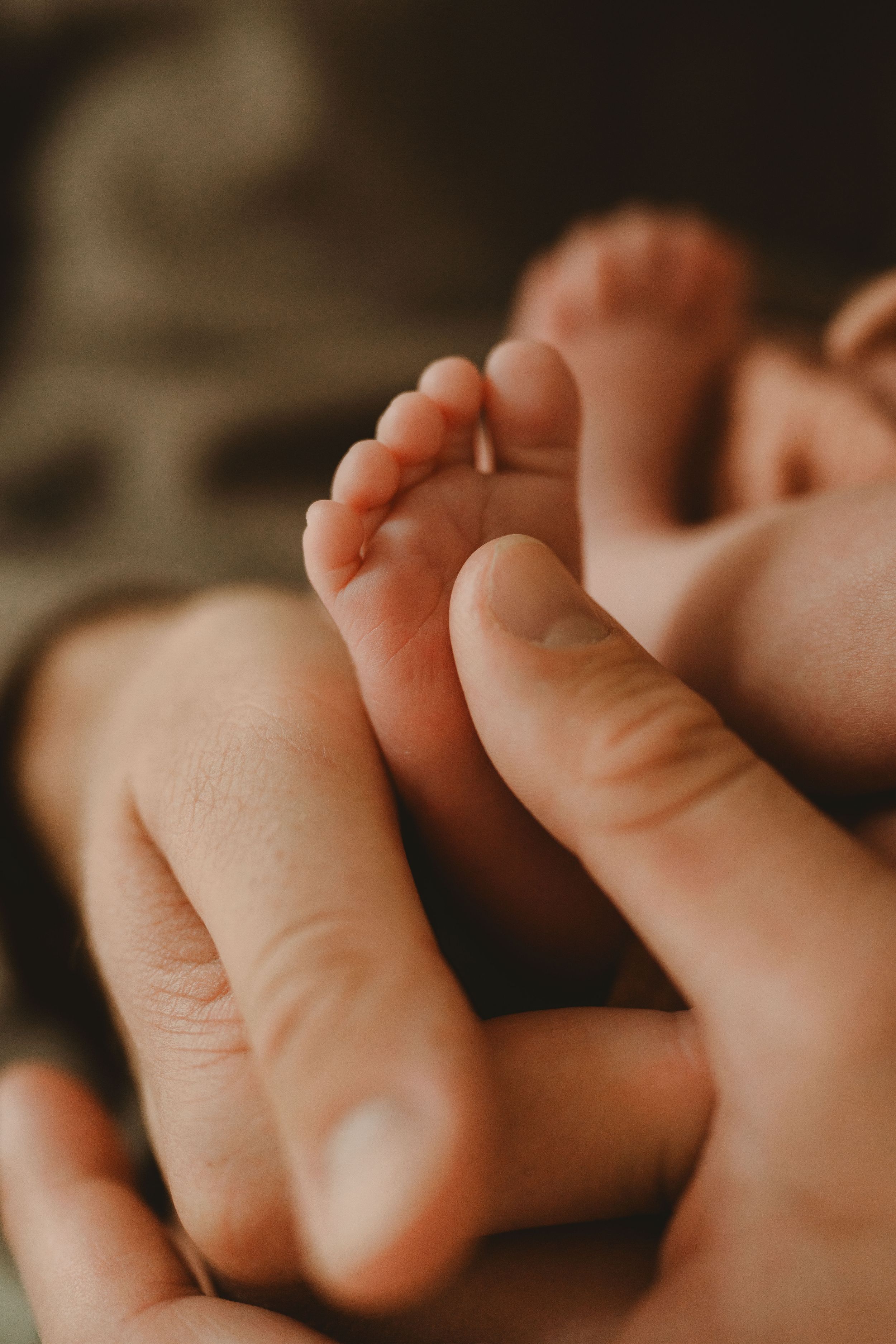 Close-up of a parent's hands gently cradling a newborn baby's tiny bare feet in soft, warm natural light.