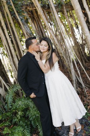 Groom in black suit kissing bride in white dress among tropical banyan trees.
