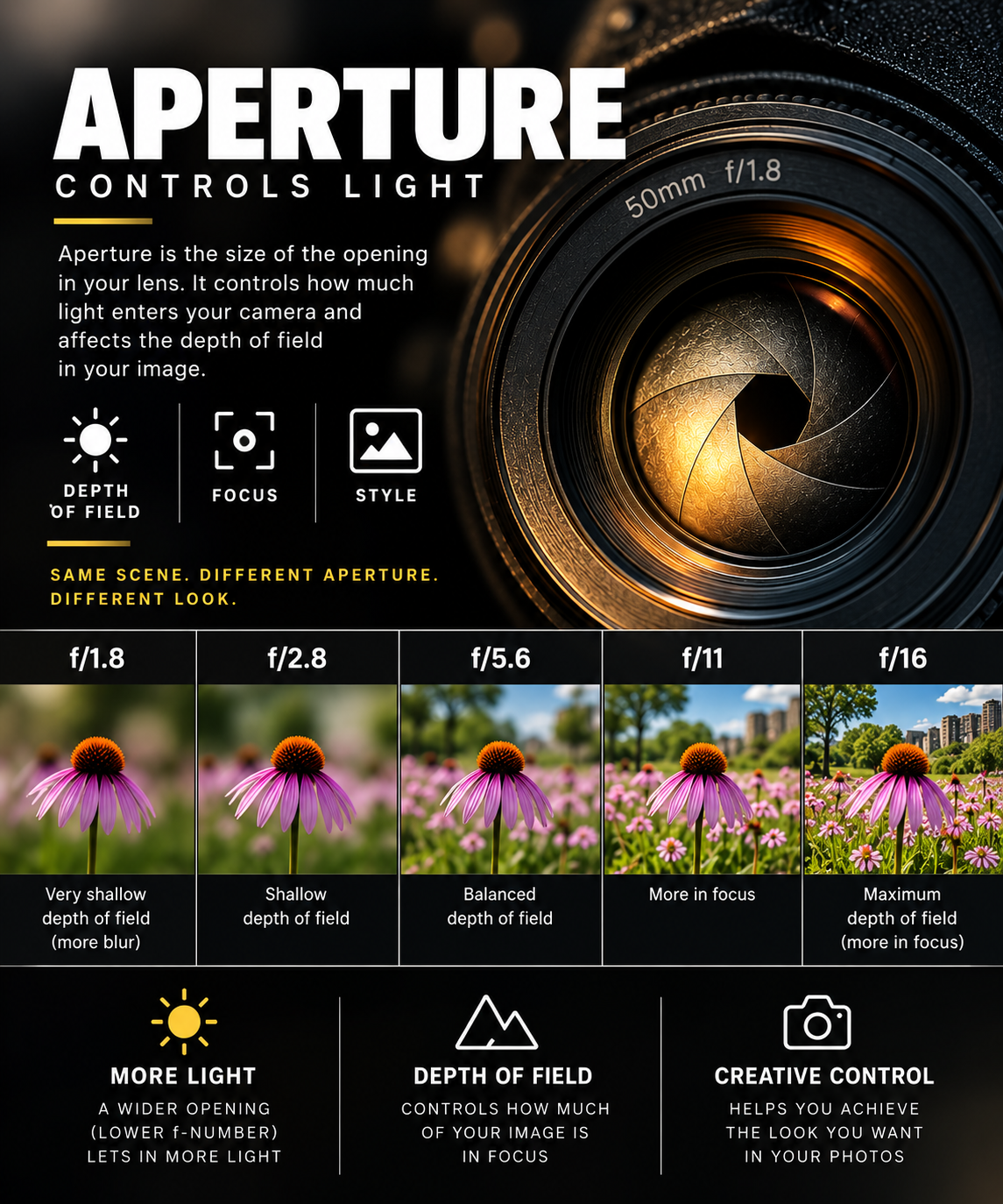 Infographic explaining aperture in photography, showing f-stop settings from f/1.8 to f/16 with depth of field examples.