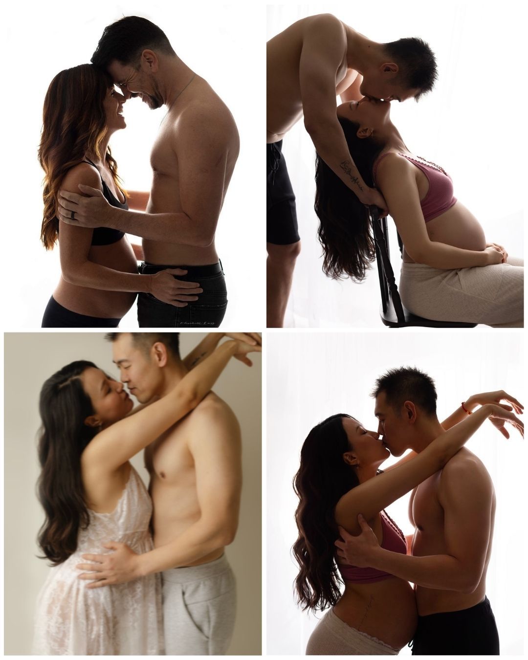 Romantic maternity photo collage featuring a couple embracing and kissing in intimate poses against white backgrounds.